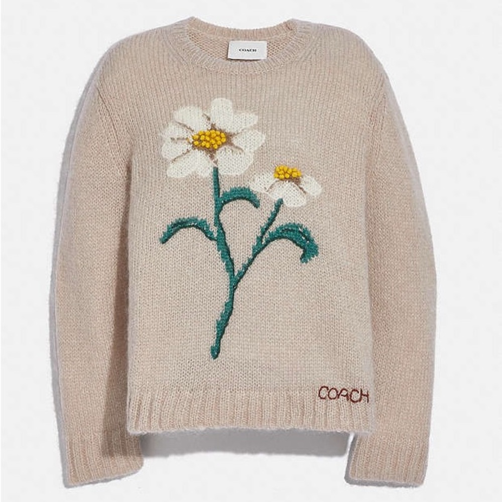 Coach Daisy Embroidered Intarsia Beige Mohair Wool Crew Neck Sweater Size M - Picture 8 of 8